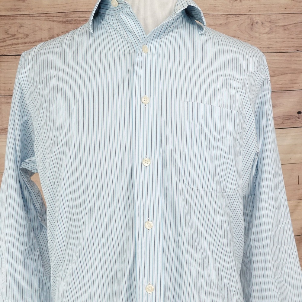 Kirkland Signature Dress Shirt Mens 16-34 Blue Stripe Cotton Good Non-Iron